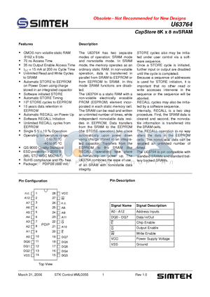 U63764DC70G1 datasheet - CapStore 8K x 8 nvSRAM