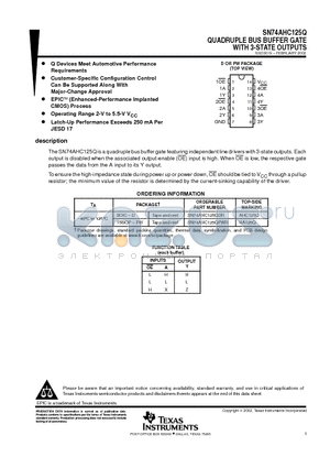 SN74AHC125Q datasheet - QUADRUPLE BUS BUFFER GATE WITH 3-STATE OUTPUTS