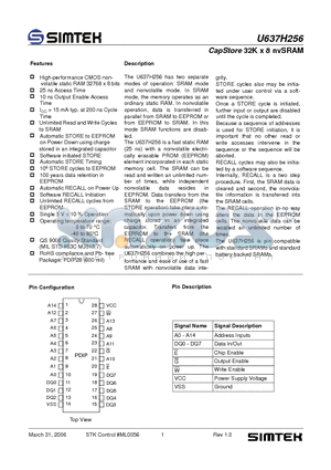 U637H256 datasheet - CapStore 32K x 8 nvSRAM