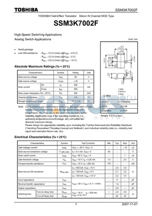 SSM3K7002F datasheet - High-Speed Switching Applications