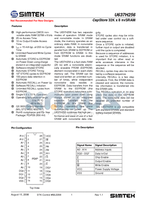 U637H256DK25G1 datasheet - CapStore 32K x 8 nvSRAM