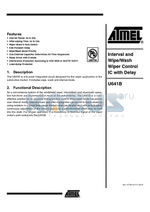 U641B datasheet - Interval and Wipe/Wash Wiper Control IC with Delay