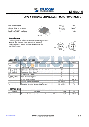 SSM4224M datasheet - DUAL N-CHANNEL ENHANCEMENT-MODE POWER MOSFET