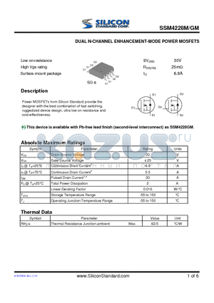 SSM4228M datasheet - DUAL N-CHANNEL ENHANCEMENT-MODE POWER MOSFETS