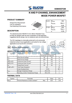 SSM4507GM datasheet - N AND P-CHANNEL ENHANCEMENT MODE POWER MOSFET