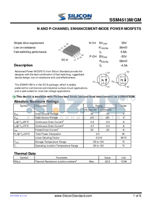 SSM4513GM datasheet - N AND P-CHANNEL ENHANCEMENT-MODE POWER MOSFETS