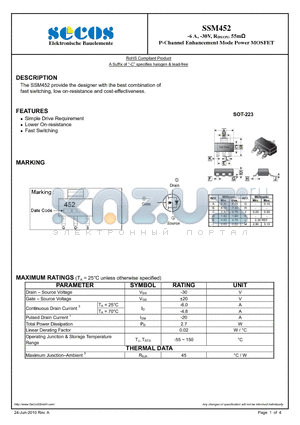 SSM452 datasheet - P-Channel Enhancement Mode Power MOSFET