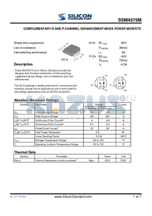 SSM4575M datasheet - COMPLEMENTARY N AND P-CHANNEL ENHANCEMENT-MODE POWER MOSFETS