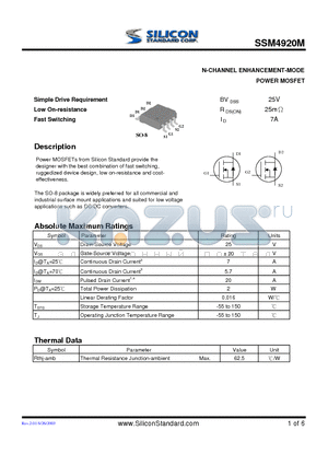 SSM4920M datasheet - N-CHANNEL ENHANCEMENT-MODE POWER MOSFET