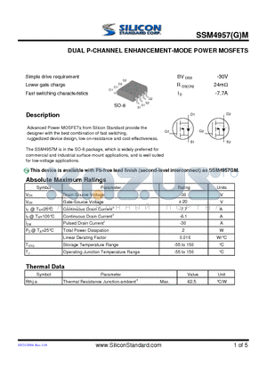 SSM4957M datasheet - DUAL P-CHANNEL ENHANCEMENT-MODE POWER MOSFETS