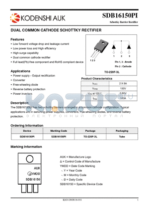 SDB16150PI datasheet - DUAL COMMON CATHODE SCHOTTKY RECTIFIER