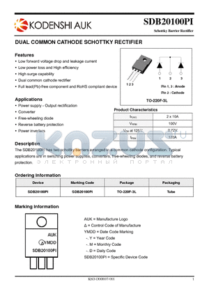 SDB20100PI datasheet - DUAL COMMON CATHODE SCHOTTKY RECTIFIER