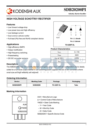 SDB20200PI datasheet - HIGH VOLTAGE SCHOTTKY RECTIFIER