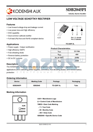 SDB2045PI datasheet - LOW VOLTAGE SCHOTTKY RECTIFIER