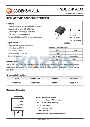 SDB20D80D2 datasheet - HIGH VOLTAGE SCHOTTKY RECTIFIER