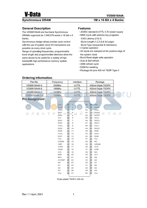 VDS6616A4A datasheet - Synchronous DRAM(1M X 16 Bit X 4 Banks)