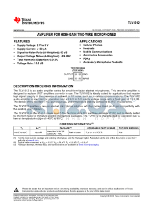 TLV1012-15YDCR datasheet - AMPLIFIER FOR HIGH-GAIN TWO-WIRE MICROPHONES