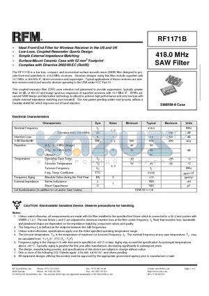 RF1171B datasheet - 418.0 MHz SAW Filter