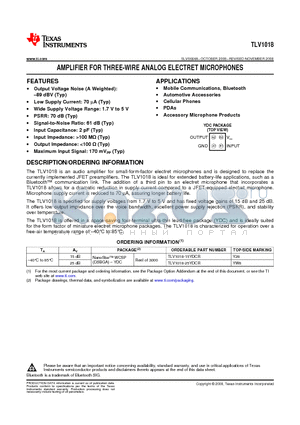 TLV1018 datasheet - AMPLIFIER FOR THREE-WIRE ANALOG ELECTRET MICROPHONES