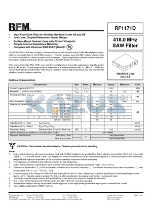 RF1171D datasheet - 418.0 MHz SAW Filter