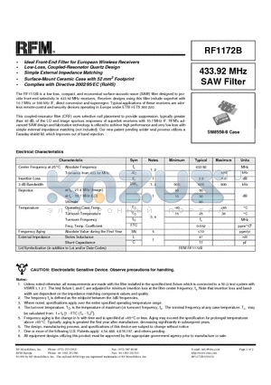 RF1172B datasheet - 433.92 MHz SAW Filter