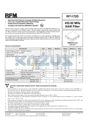 RF1172D datasheet - 433.92 MHz SAW Filter