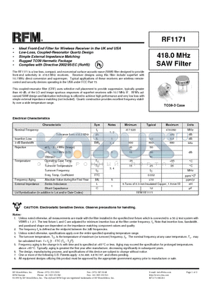 RF1171 datasheet - 418.0 MHz SAW Filter