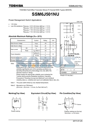 SSM6J501NU datasheet - Power Management Switch Applications