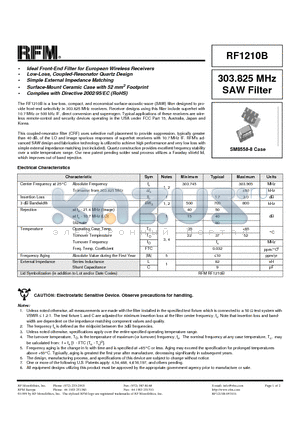 RF1210B datasheet - 303.825 MHz SAW Filter