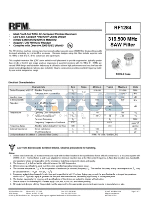 RF1284 datasheet - 319.500 MHz SAW Filter