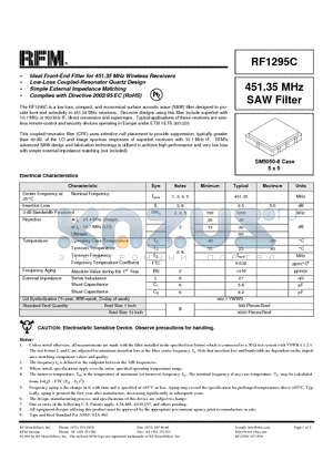 RF1295C datasheet - 451.35 MHz SAW Filter