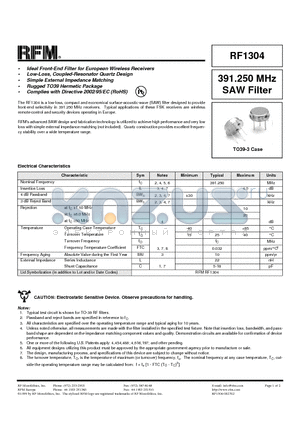 RF1304 datasheet - 391.250 MHz SAW Filter