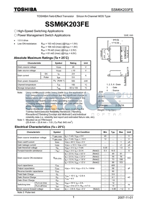 SSM6K203FE datasheet - High-Speed Switching Applications