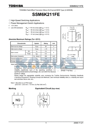 SSM6K211FE datasheet - High-Speed Switching Applications Power Management Switch Applications