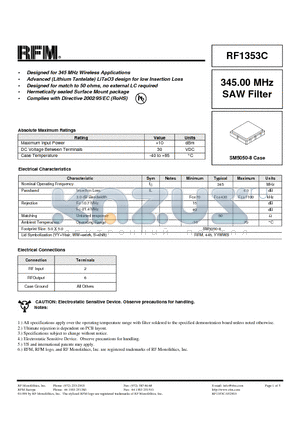 RF1353C datasheet - 345.00 MHz SAW Filter