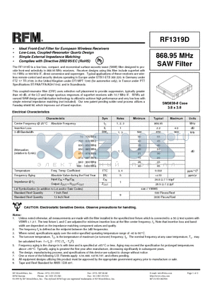 RF1319D datasheet - 868.95 MHz SAW Filter