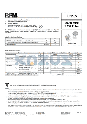 RF1355 datasheet - 390.0 MHz SAW Fil