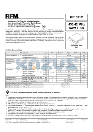 RF1391C datasheet - 433.42 MHz SAW Filter