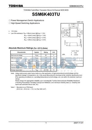 SSM6K403TU datasheet - Power Management Switch Applications