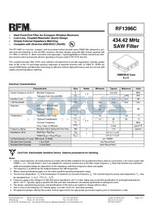 RF1396C datasheet - 434.42 MHz SAW Filter