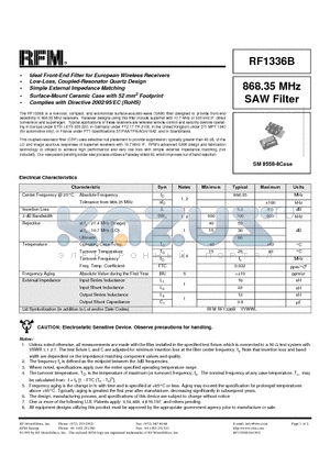 RF1336B datasheet - 868.35 MHz SAW Filter