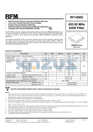 RF1400D datasheet - 433.92 MHz SAW Filter