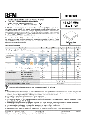 RF1336C datasheet - 868.35 MHz SAW Filter