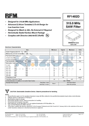 RF1402D datasheet - 315.0 MHz SAW Filter
