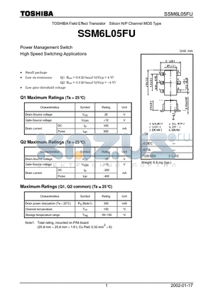 SSM6L05FU datasheet - TOSHIBA Field Effect Transistor Silicon N/P Channel MOS Type