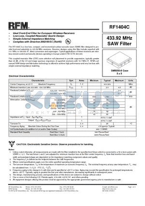 RF1404C datasheet - 433.92 MHz SAW Filter