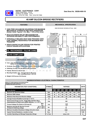 SDB4004 datasheet - 40 AMP SILICON BRIDGE RECTIFIERS