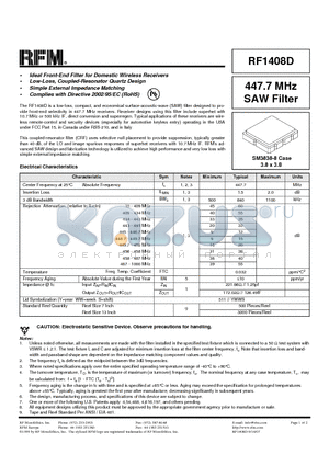RF1408D datasheet - Ideal Front-End Filter for Domestic Wireless Receivers 447.7 MHz SAW Filter