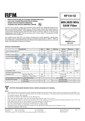RF1411D datasheet - 869.2625 MHz SAW Filter