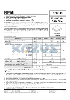 RF1414D datasheet - 372.500 MHz SAW Filter